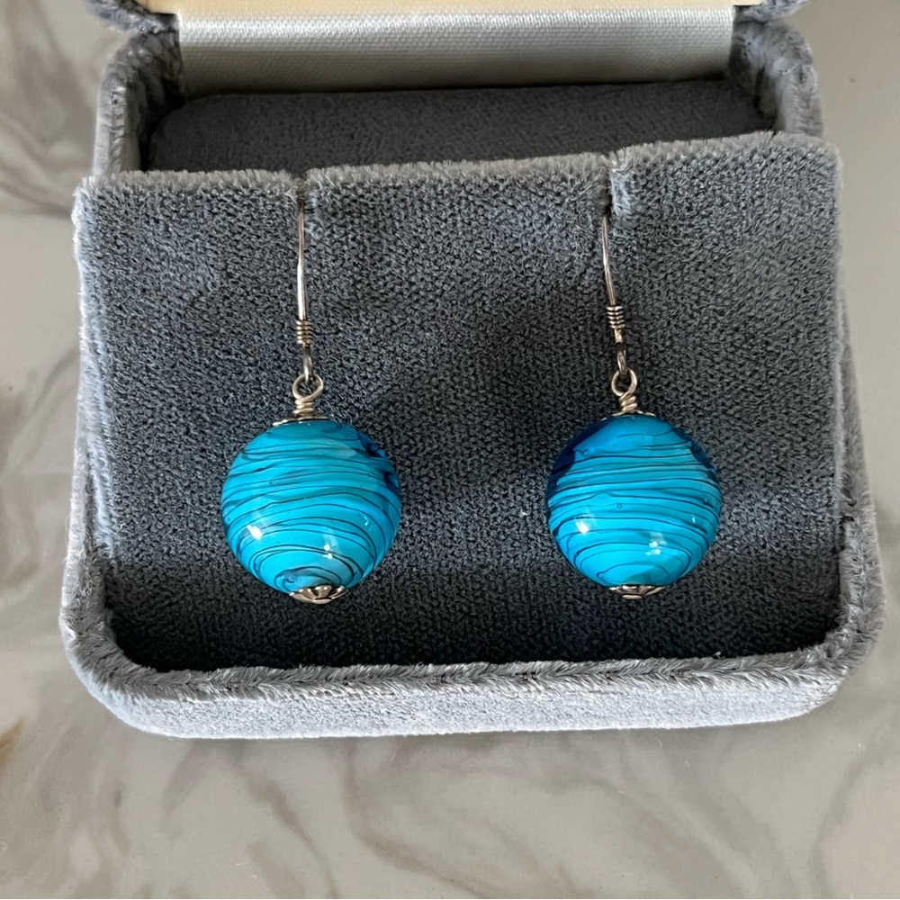 Sterling 925 Y2K Blue Swirl Ball Earrings Beach Glass Ocean Sea GORGEOUS